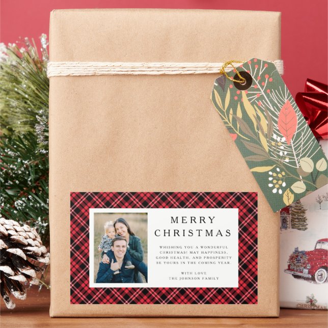 Rustic Red Plaid Photo Christmas Sticker (Holiday)