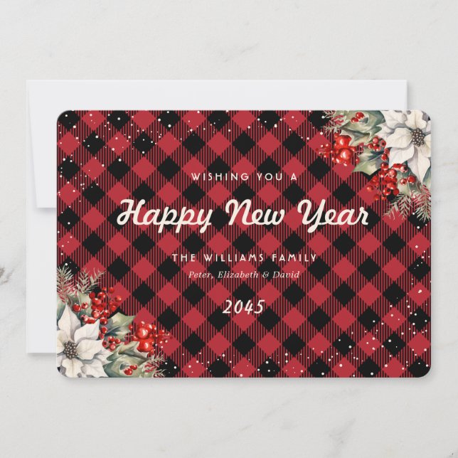 Rustic Red Plaid Snow Botanical New Year Card (Front)