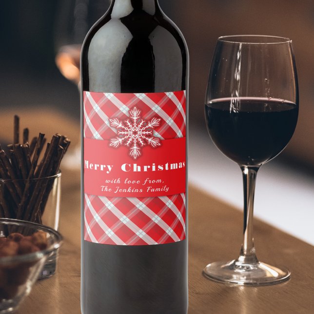 Rustic Red Plaid Snowflake Christmas Holiday Wine Label (Creator Uploaded)