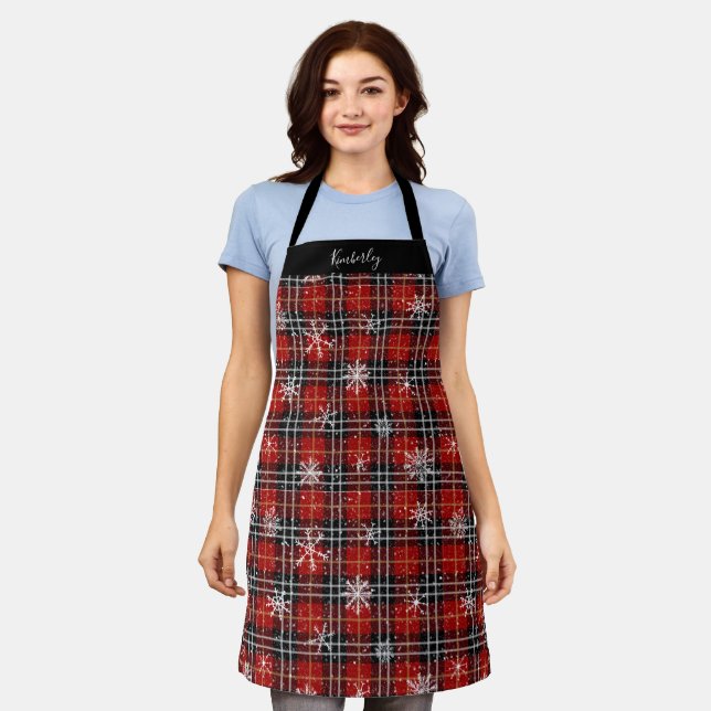 Rustic Red Plaid Snowflakes Personalized Apron (Worn)