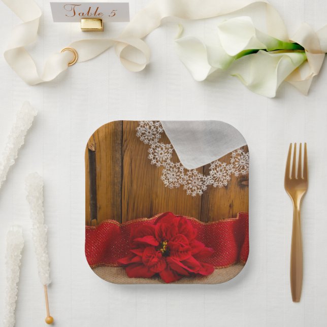 Rustic Red Poinsettia Country Winter Wedding Paper Plate (Wedding)