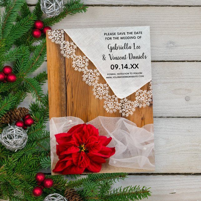 Rustic Red Poinsettia Lace Winter Save the Date Invitation (Set the tone for your December wedding with this festive Save the Date Announcement.)