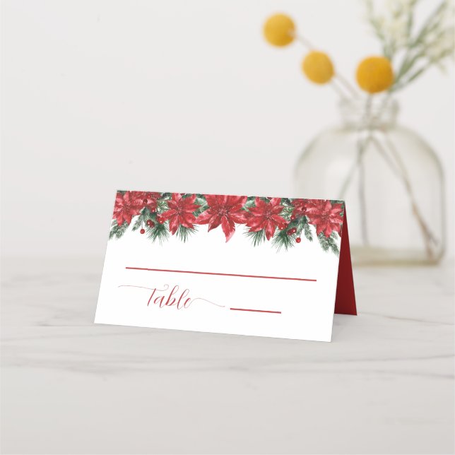 Rustic Red Poinsettia Pine Greenery Wedding  Place Card (Front)