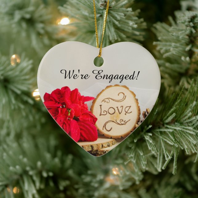 Rustic Red Poinsettia Winter Engagement Ceramic Ornament (Tree)