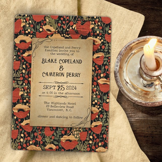 Rustic Red Poppies Vintage Wood Wedding Invitation (Creator Uploaded)