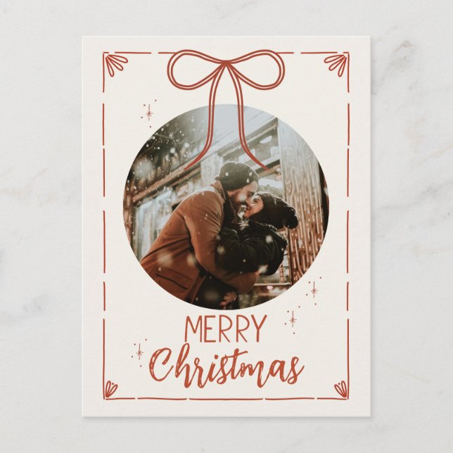 Rustic Red Ribbon Merry Christmas Photo Holiday Postcard (Front)