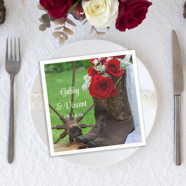 Rustic Red Roses and Cowboy Boots Western Wedding Napkin (Creator Uploaded)