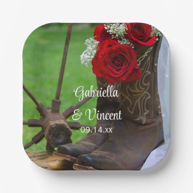 Rustic Red Roses and Cowboy Boots Western Wedding Paper Plate (Front)