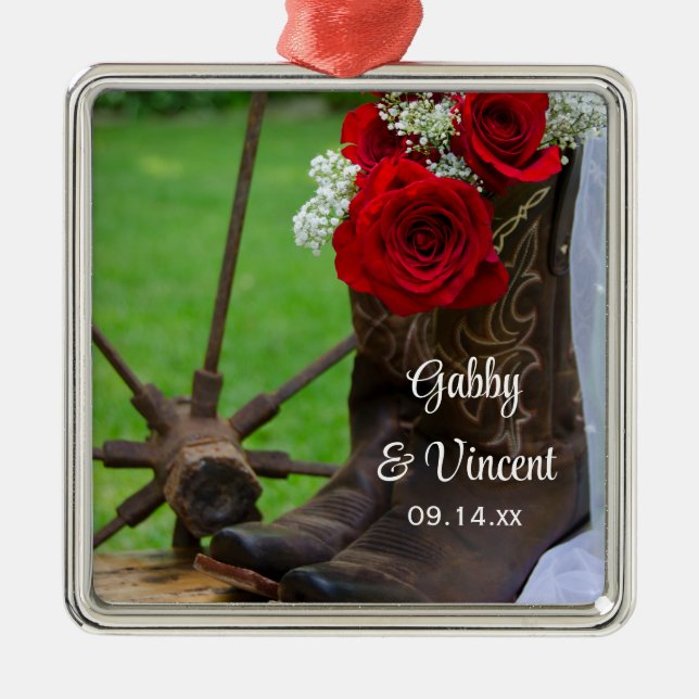 Rustic Red Roses Country Western Wedding Metal Ornament (Front)
