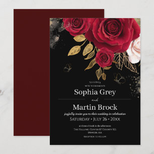 Rustic Red Roses & Gold Floral Elegant Wedding Invitation