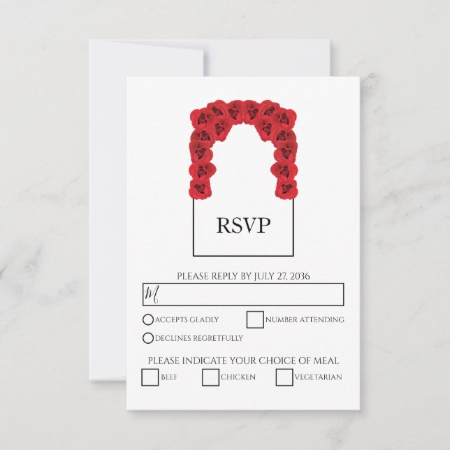 Rustic Red Roses Meal Options Wedding RSVP Cards (Front)