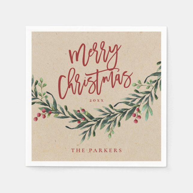 Rustic Red Script Merry Christmas Greenery Napkin (Front)