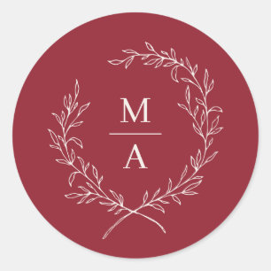 Rustic Red Simple Elegant Laurel Wreath Monogram Classic Round Sticker