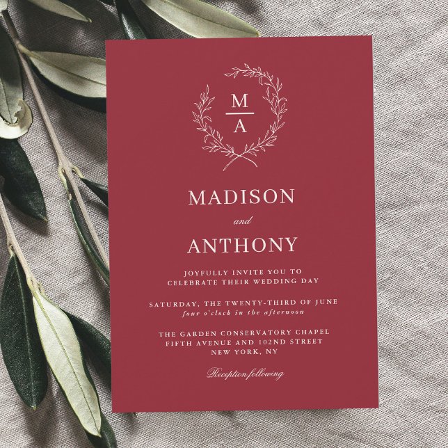 Rustic Red Simple Elegant Monogram Wedding Invitation (Creator Uploaded)
