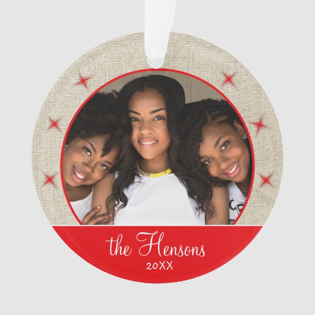 Rustic Red Snowflake Photo Christmas Keepsake Ornament (Front)