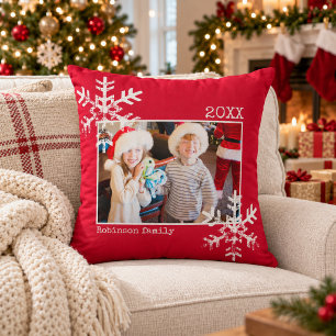 Rustic Red Snowflakes Family Photo Christmas Throw Pillow