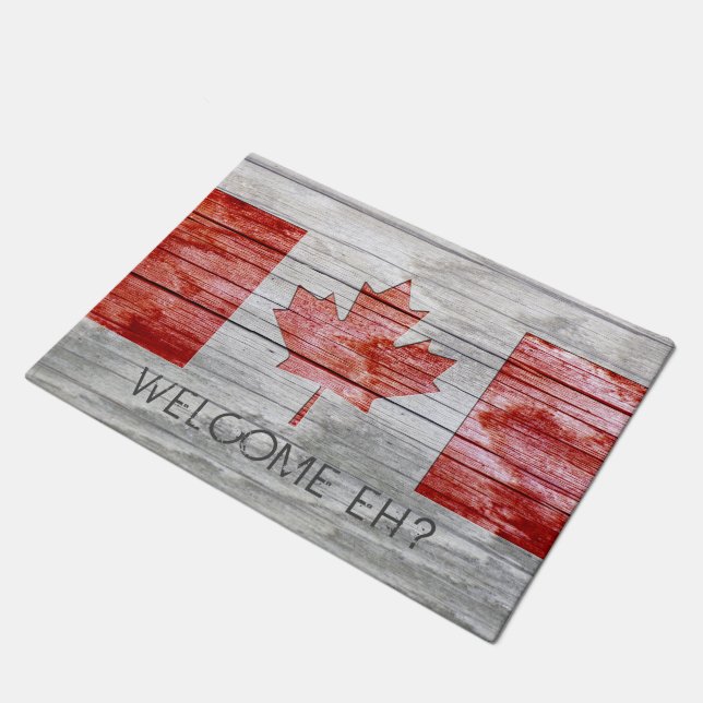 Rustic Red Stain Canada Flag Maple Leaf Grey Wood Doormat (Angled)