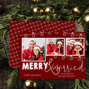 Rustic Red String Lights Merry & Married Photo Holiday Card