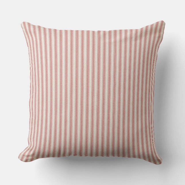 Rustic Red Striped French Ticking Throw Pillow (Front)