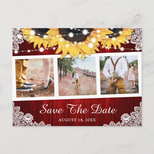 Rustic Red Sunflower Photo Save The Date Announcement Postcard (Front)