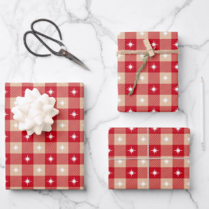Rustic red tan buffalo plaid Christmas lights Wrapping Paper Sheet