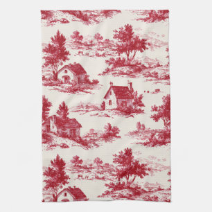 Rustic Red Toile Country Landscape Pattern Kitchen Towel