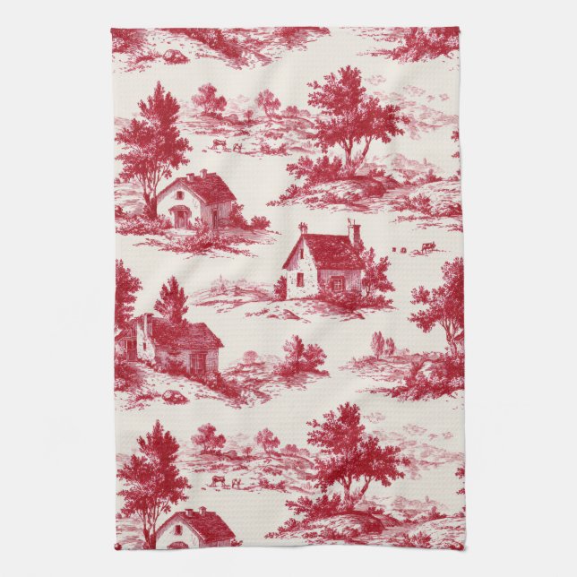 Rustic Red Toile Country Landscape Pattern Kitchen Towel (Vertical)