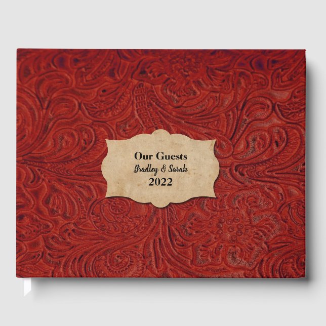 Rustic Red Tooled Leather (Faux) Personalized Guest Book (Front)