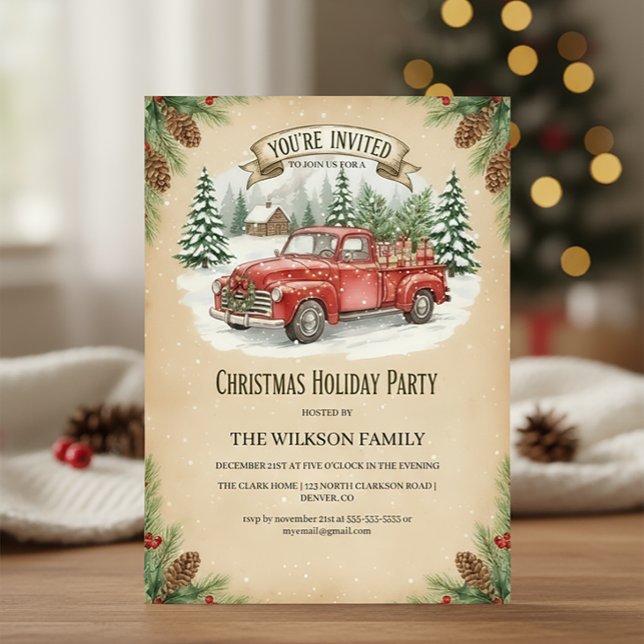 Rustic Red Truck Christmas Holiday Party Invitation (Creator Uploaded)