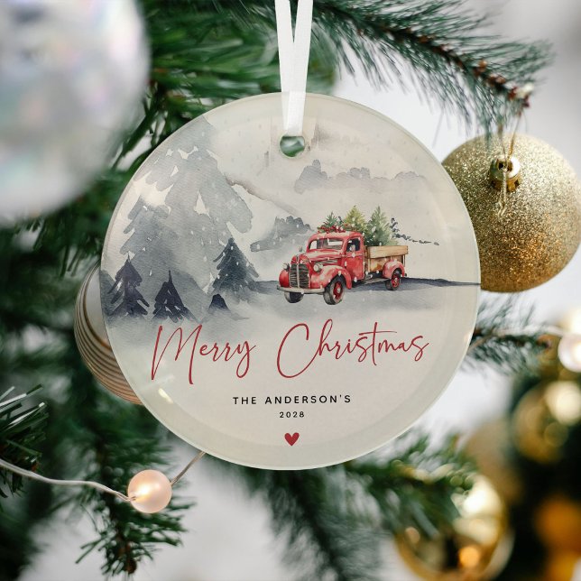 Rustic Red Truck Christmas Personalized Glass Ornament (Creator Uploaded)