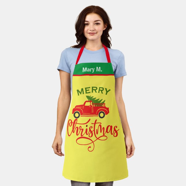 Rustic Red Truck Christmas Tree, Personalized Name Apron (Worn)
