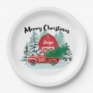 Rustic Red Truck Christmas Tree Personalized White Paper Plate