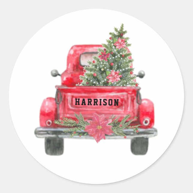 Rustic Red Truck Family Name Christmas Pine Tree Classic Round Sticker (Front)