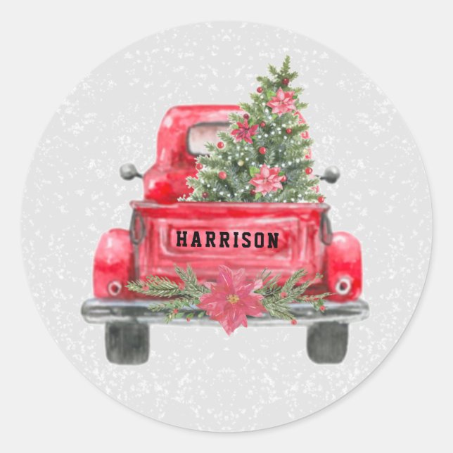 Rustic Red Truck Family Name Christmas Pine Tree Classic Round Sticker (Front)