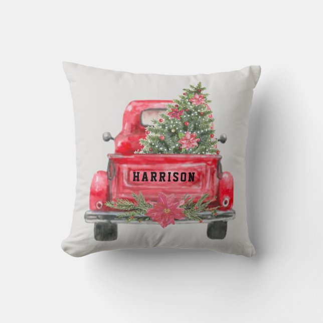 Rustic Red Truck Family Name Christmas Pine Tree Throw Pillow (Front)