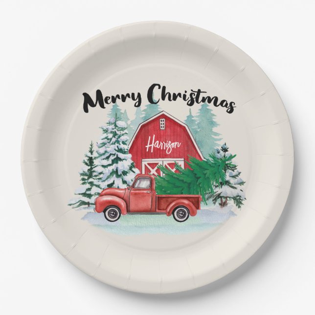  Rustic Red Truck Farmhouse Christmas Personalized Paper Plate (Front)