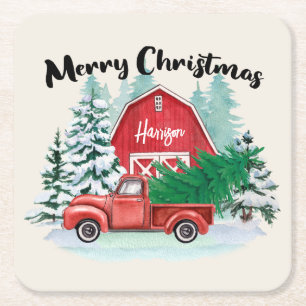 Rustic Red Truck Farmhouse Christmas Personalized Square Paper Coaster
