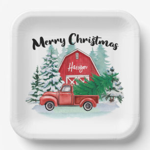 Rustic Red Truck Farmhouse Christmas Square White Paper Plate