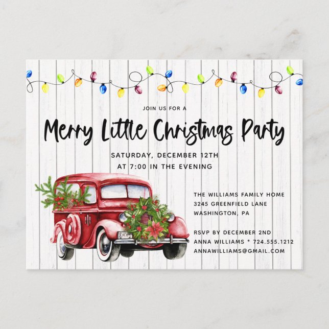 Rustic Red Truck & Lights Christmas Party Invite Postcard (Front)