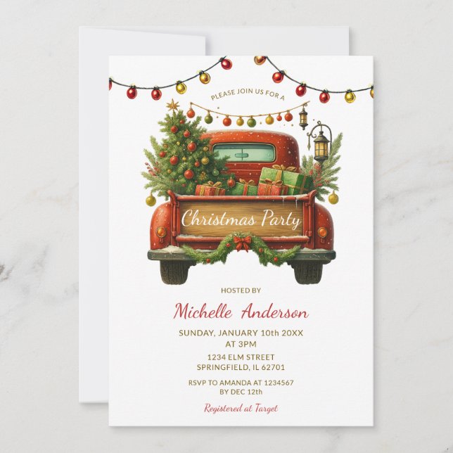 Rustic Red Truck Winter Pine Tree Christmas Party Invitation (Front)