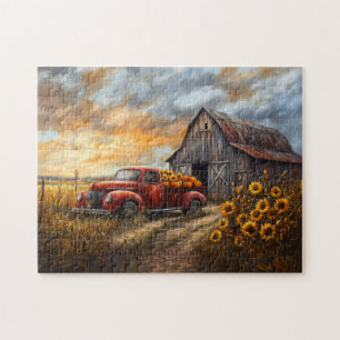 Rustic Red Truck with Pumpkins and Sunflowers Jigsaw Puzzle