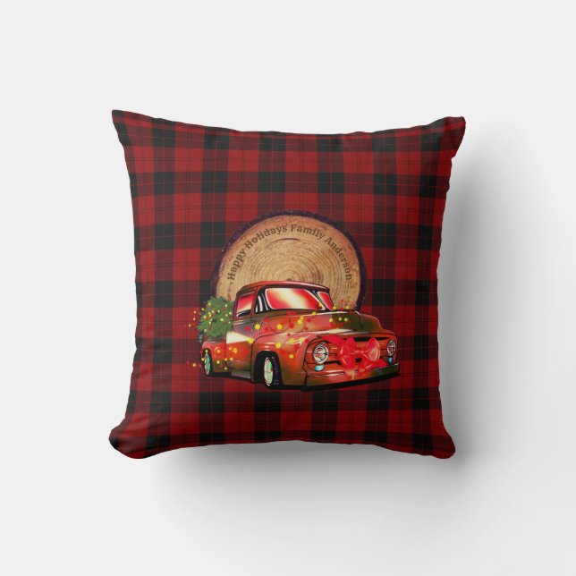 Rustic Red Truck Xmas Decor Buffalo Plaid Red Throw Pillow (Front)
