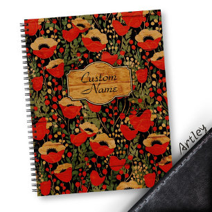 Rustic Red Vintage Wood Grain Poppy Floral Notebook