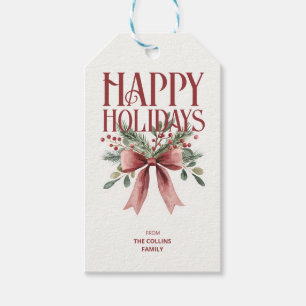Rustic Red Watercolor Bow Elegant Happy Holidays Gift Tags