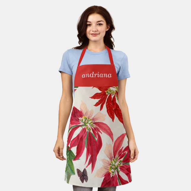 Rustic Red Watercolor Poinsettia Floral Greenery  Apron (Worn)