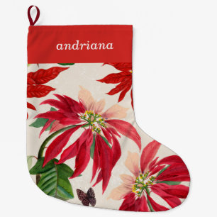 Rustic Red Watercolor Poinsettia Floral Greenery Large Christmas Stocking