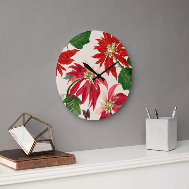 Rustic Red Watercolor Poinsettia Floral Greenery  Large Clock (Office)