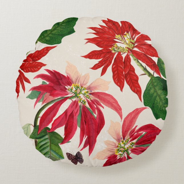 Rustic Red Watercolor Poinsettia Floral Greenery  Round Pillow (Front)