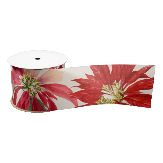 Rustic Red Watercolor Poinsettia Floral Greenery  Satin Ribbon (Spool)