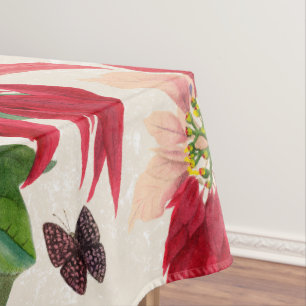 Rustic Red Watercolor Poinsettia Floral Greenery  Tablecloth